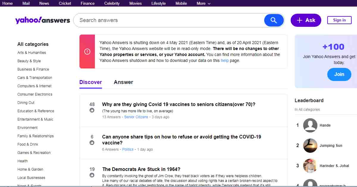 Yahoo Answers Homepage